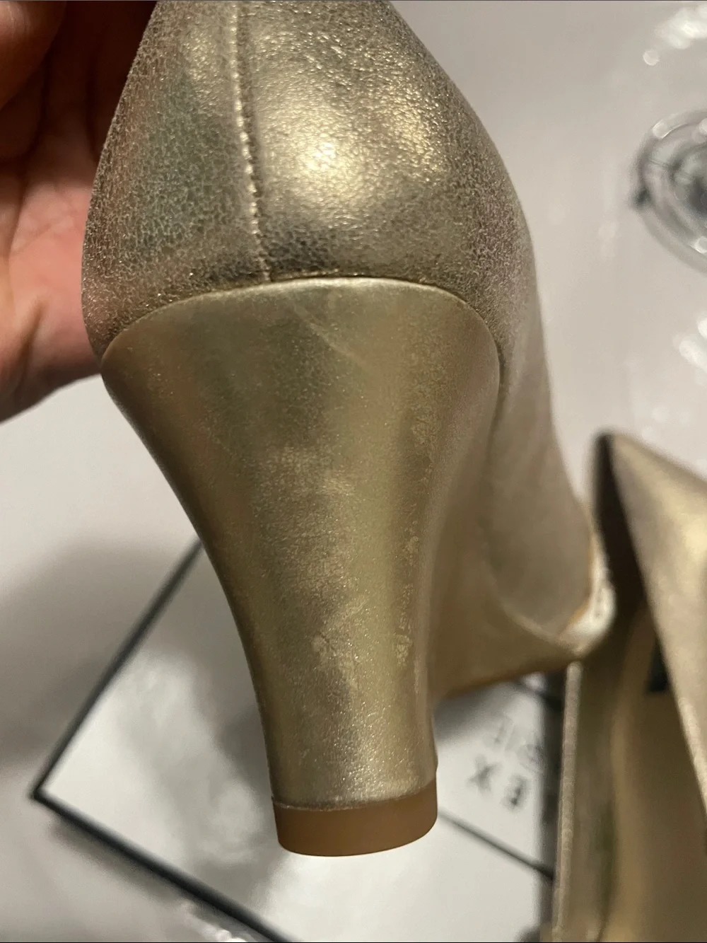 New Alex Marie Gold Peep-Toe Low Wedge Heels.